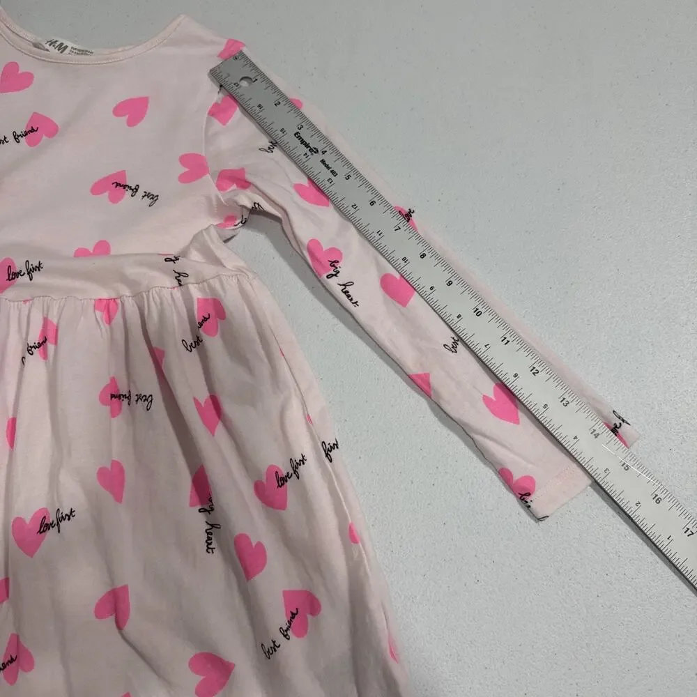 H&M Girls Dress Pink Heart Print Round Neck Long Sleeve Size 4-6 Summer casual